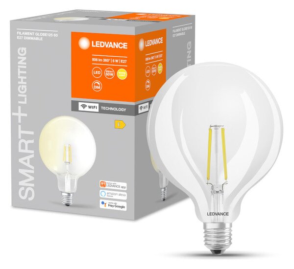LED žárovka OSRAM SMART+ Globe 125 WiFi čirá, patice E27, ekvivalent 60 W, teplá bílá 2700 K, stmívatelná