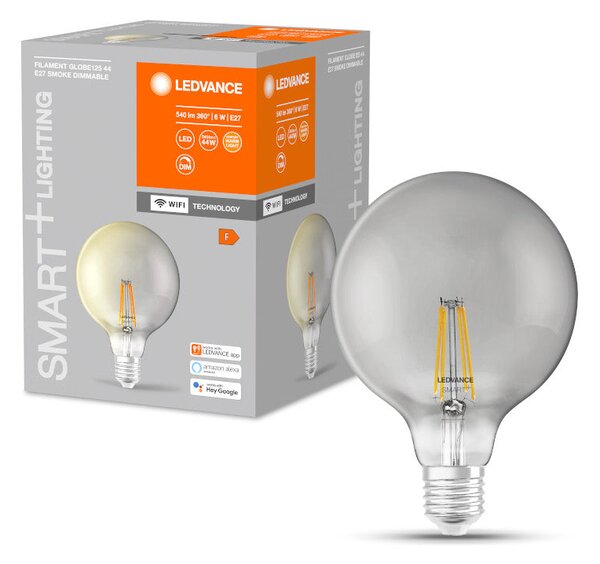 LED žárovka OSRAM SMART+ Globe 125 WiFi kouřová, patice E27, ekvivalent 44 W, teplá bílá 2500 K, stmívatelná