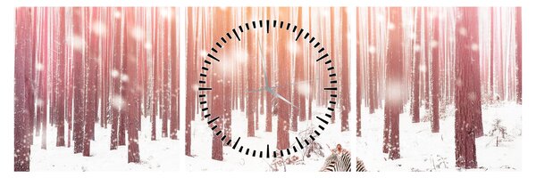 Obraz - Zebra v zasněženém lese (s hodinami) (90x30 cm)