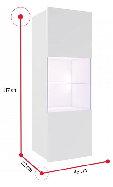 Závěsná vitrína BRINICA, 45x117x32, bílá/bílý lesk, + bílé LED