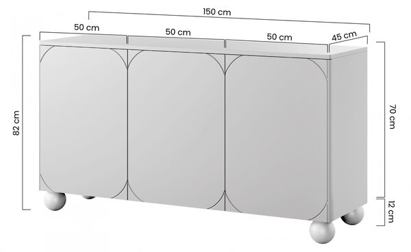 Moderní komoda Sonatia II 150 cm třídveřová - kašmír / kulaté nohy