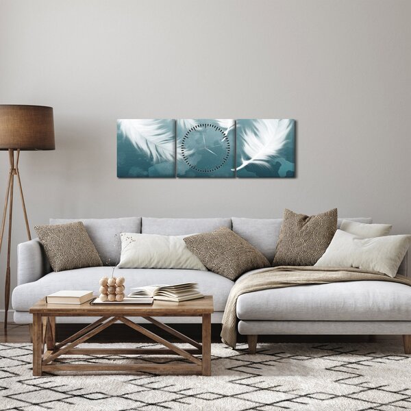 Obraz - Bílá peříčka (s hodinami) (90x30 cm)