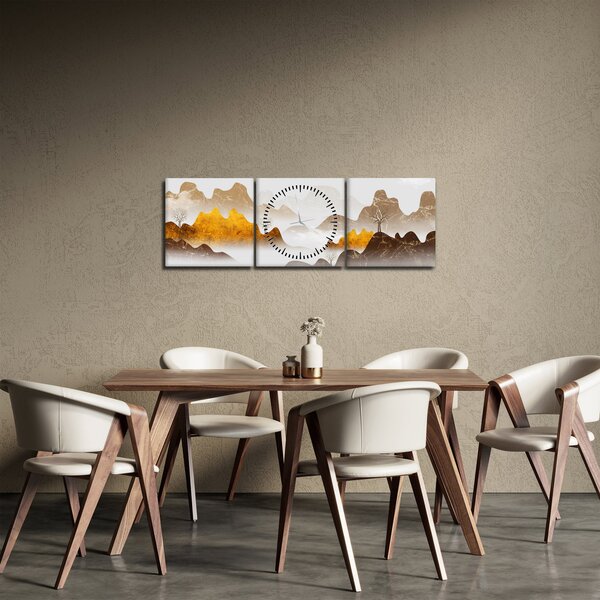 Obraz - Hory v mlze (s hodinami) (90x30 cm)