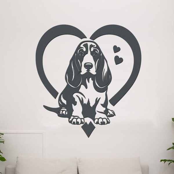 Dřevěná samolepka Basset Hound v srdci | Rozměry (cm): 37x40 | Zvolte barvu dekoru: Černá