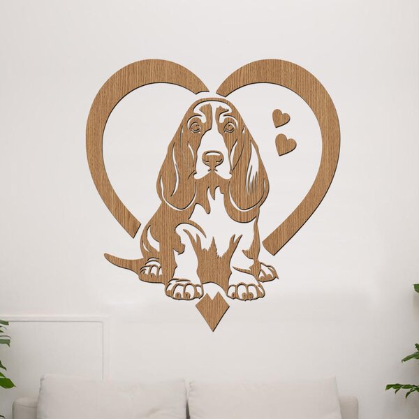 Dřevěná samolepka Basset Hound v srdci | Rozměry (cm): 37x40 | Zvolte barvu dekoru: Černá