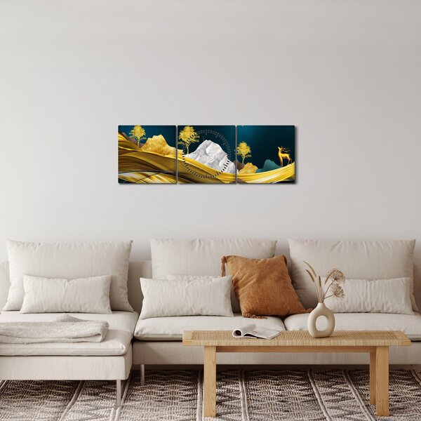 Obraz - Jelen v krajině (s hodinami) (90x30 cm)