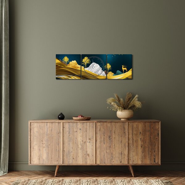 Obraz - Jelen v krajině (s hodinami) (90x30 cm)