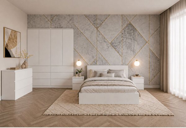 Sestava do ložnice se šatní skříní 4D a postelí 160x200 cm se zásuvkami, nymfhea alba Idea