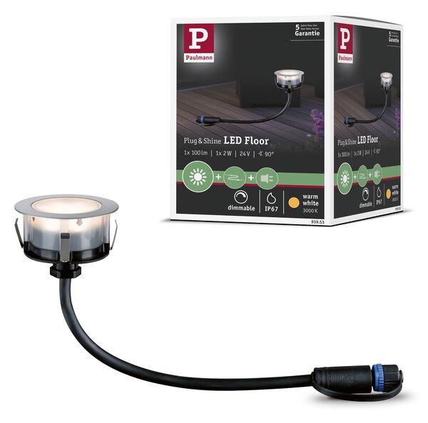 Paulmann 93953 Plug&Shine Floor Eco, zápustné svítidlo do terasy 1W LED 3000K, stříbrná, prům. 7cm, IP65