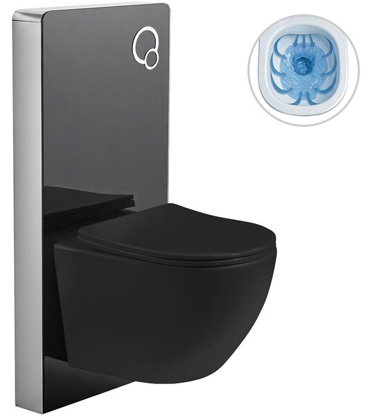 Kompletní WC set Modul/Cesso - černá lesklá - integrované WC tlačítko - pneumatický modul - 49x36 cm