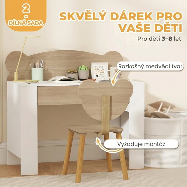 Dětský psací stůl a židle ve tvaru medvěda, bílá a přírodní dřevo 312-136V90ND
