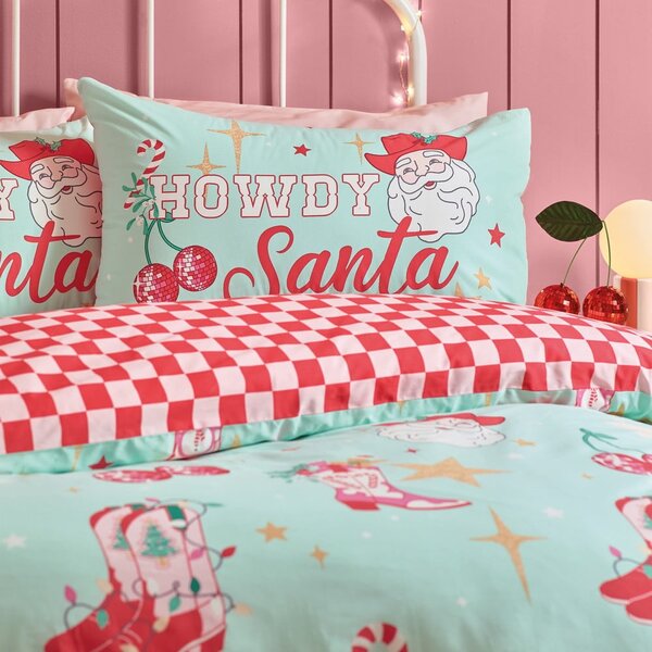 Zelené/růžové povlečení na dvoulůžko/prodloužené 230x220 cm Santa's Howdy Christmas – Catherine Lansfield