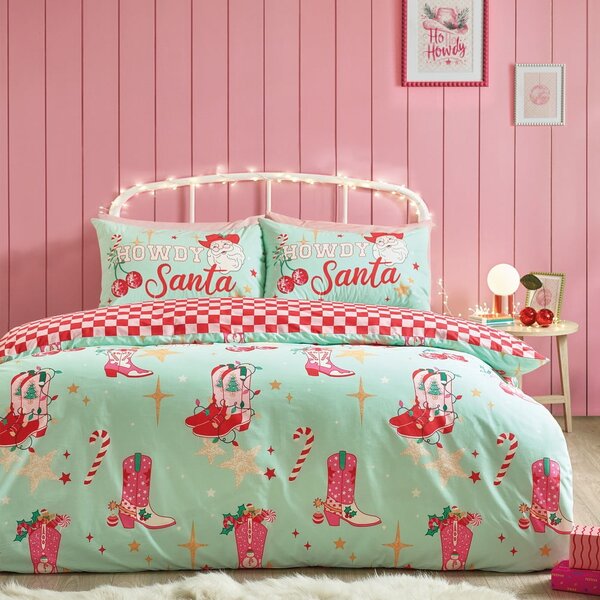 Zelené/růžové povlečení na dvoulůžko/prodloužené 230x220 cm Santa's Howdy Christmas – Catherine Lansfield