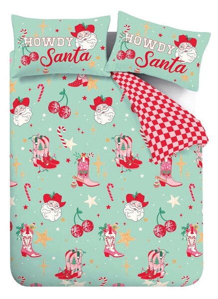 Zelené/růžové povlečení na dvoulůžko/prodloužené 230x220 cm Santa's Howdy Christmas – Catherine Lansfield
