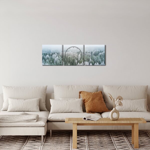 Obraz - Zasněžené vrcholky lesů (s hodinami) (90x30 cm)