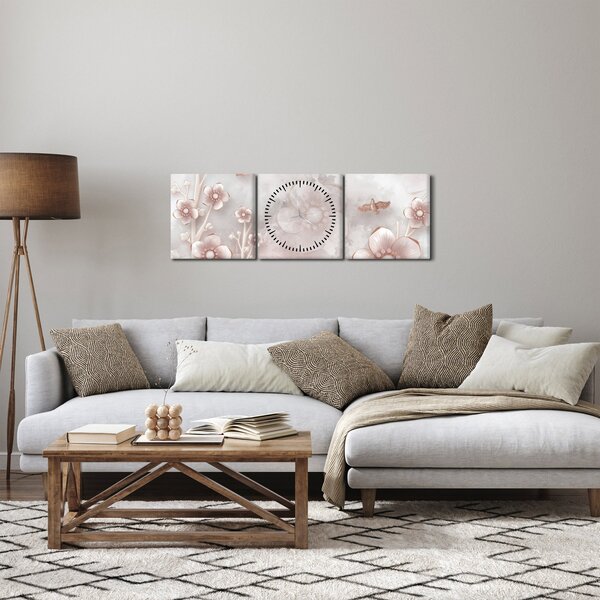 Obraz - Růžové květy (s hodinami) (90x30 cm)