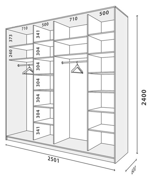 Skříň s posuvnými dveřmi Komforto 3 DTD + 1 zrcadlo 250x240x60 cm Bílá