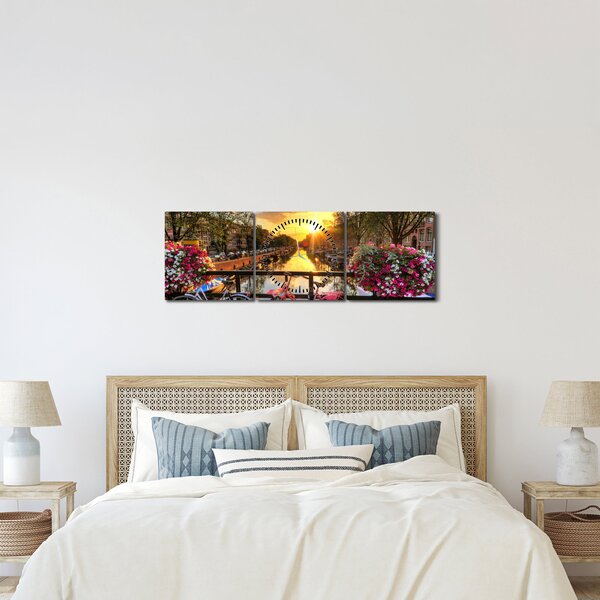 Obraz - Východ slunce v Amsterdamu (s hodinami) (90x30 cm)