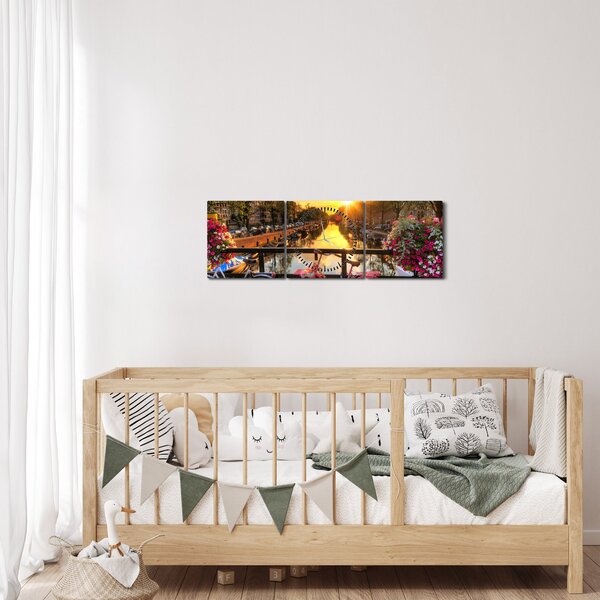 Obraz - Východ slunce v Amsterdamu (s hodinami) (90x30 cm)