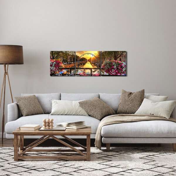 Obraz - Východ slunce v Amsterdamu (s hodinami) (90x30 cm)