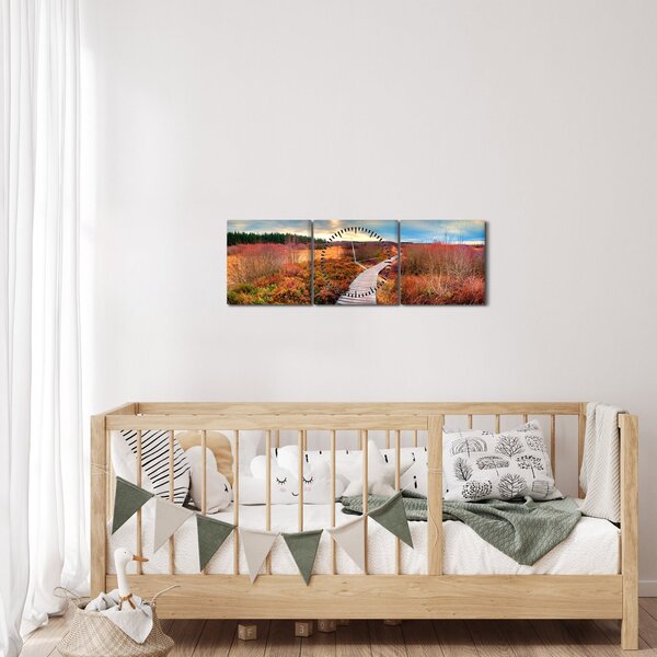 Obraz - Podzimní cesta krajinou (s hodinami) (90x30 cm)