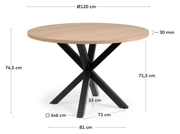 Dubový jídelní stůl Kave Home Argo 120 cm s černou kovovou podnoží