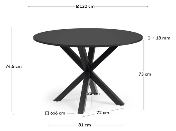 Černý lakovaný jídelní stůl Kave Home Argo 120 cm s černou kovovou podnoží