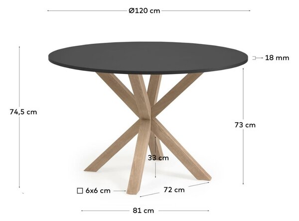 Černý lakovaný jídelní stůl Kave Home Argo 120 cm s přírodní kovovou podnoží