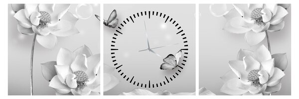 Obraz - Květinový design s motýlky (s hodinami) (90x30 cm)