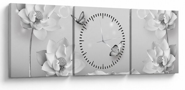 Obraz - Květinový design s motýlky (s hodinami) (90x30 cm)
