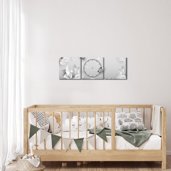 Obraz - Květinový design s motýlky (s hodinami) (90x30 cm)