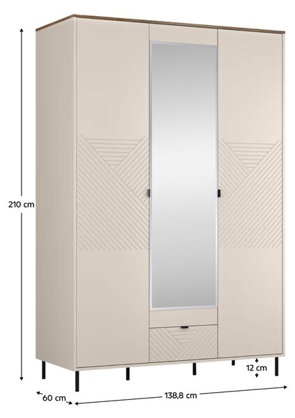 Šatní skříň Explicaba 3D1S (kašmír + dub castello) (se zrcadlem)