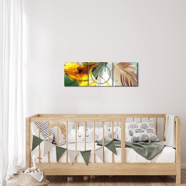 Obraz - Listy s peříčkem (s hodinami) (90x30 cm)