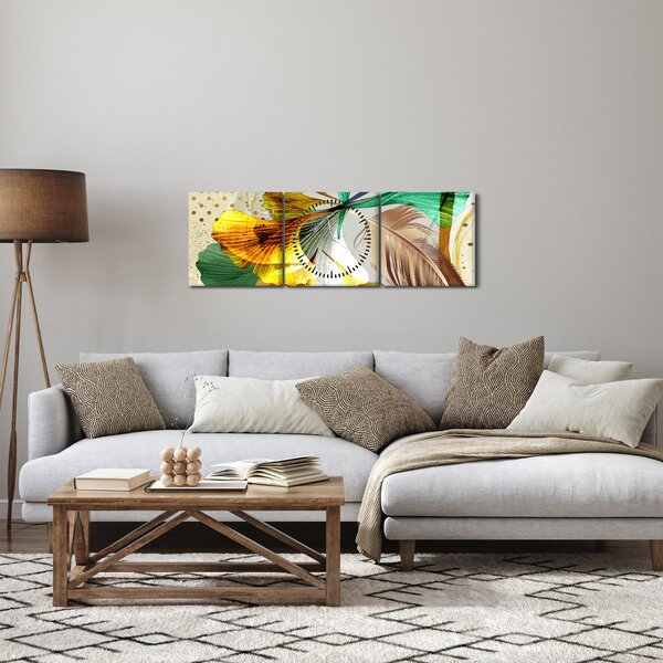 Obraz - Listy s peříčkem (s hodinami) (90x30 cm)