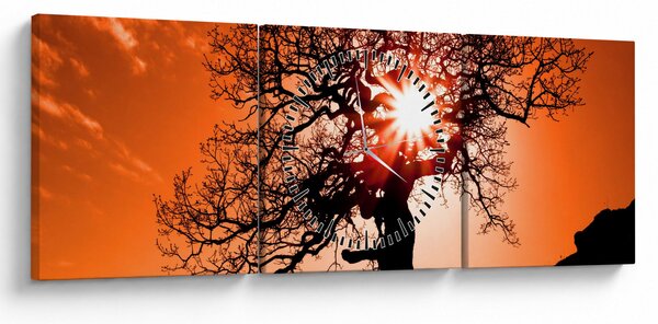 Obraz - Dub při západu slunce (s hodinami) (90x30 cm)