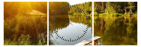 Obraz - Jezero u lesa (s hodinami) (90x30 cm)