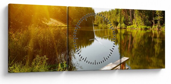 Obraz - Jezero u lesa (s hodinami) (90x30 cm)