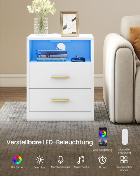 Moderní noční stolek s LED, USB-C, 2 zásuvky, bílý, 40x30 cm