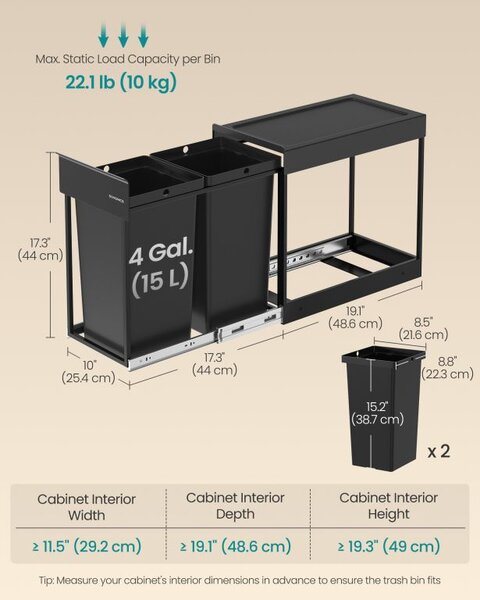 Koš na tříděný odpad do kuchyňské skříňky, 2x15 l, černý