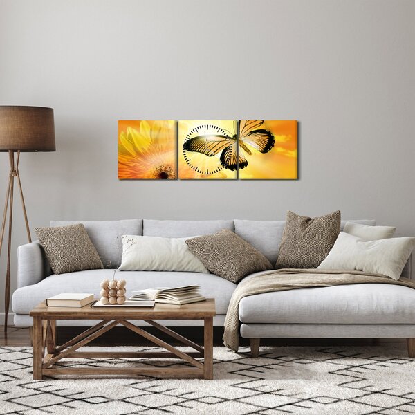 Obraz - Žlutý motýl s květem (s hodinami) (90x30 cm)
