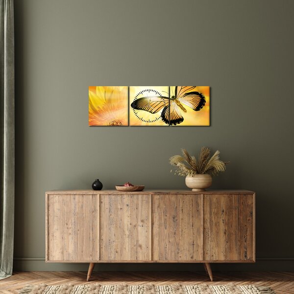 Obraz - Žlutý motýl s květem (s hodinami) (90x30 cm)