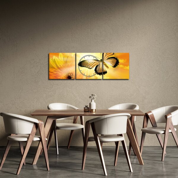 Obraz - Žlutý motýl s květem (s hodinami) (90x30 cm)