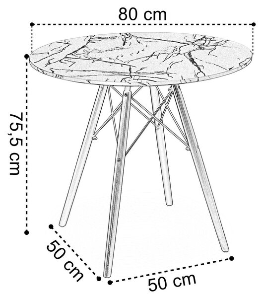 Kulatý stůl PARIS DTW 80 cm – černé nohy, deska bílý mramor