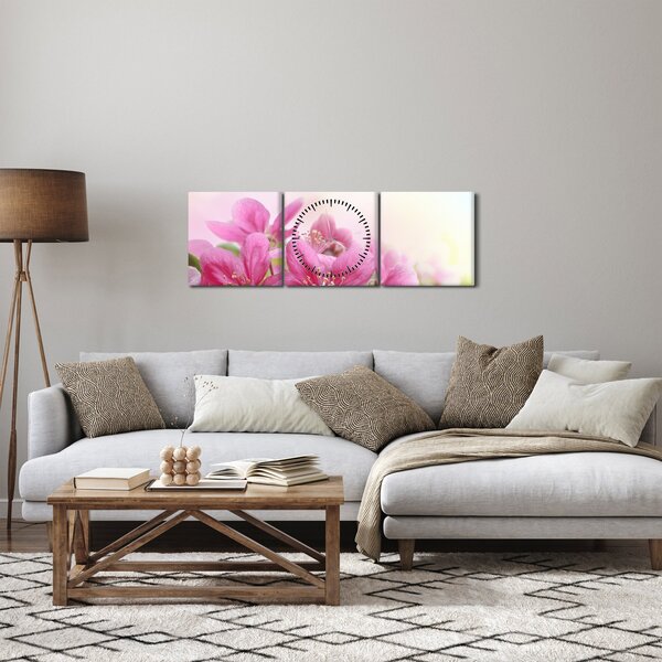 Obraz - Růžové květy (s hodinami) (90x30 cm)