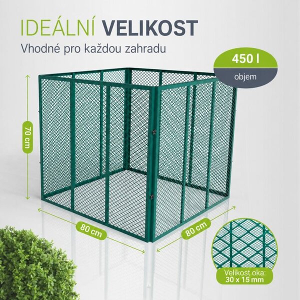Kovový zahradní kompostér 450 l, 80 × 80 × 70 cm, zelený