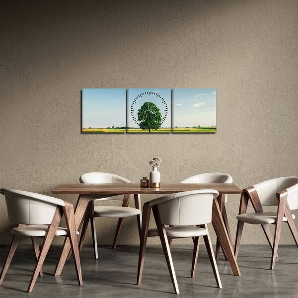 Obraz stromu uprostřed louky (s hodinami) (90x30 cm)