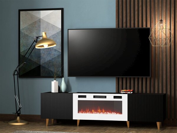 TV stolek Sinenko 180 s krbem, Barva: bílá / bílá + černý, Krb: bílý 5903211275029