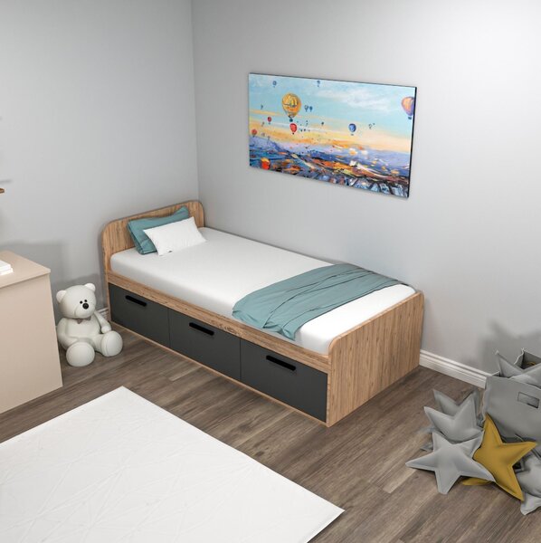 Jednolůžková postel 90 cm Pelavi 1 (borovice atlantická + antracit) (s roštem)