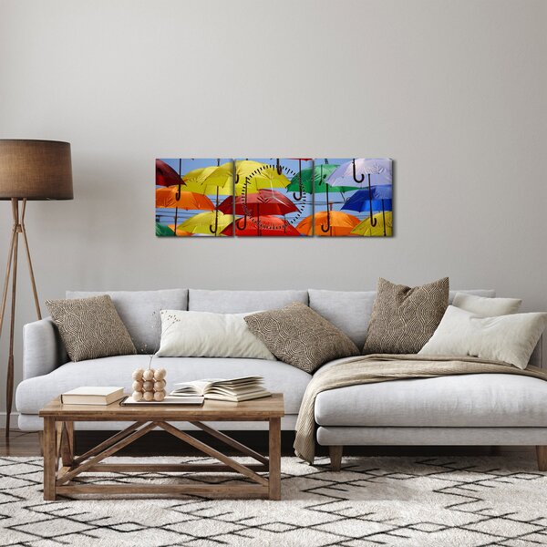 Obraz barevných deštníků (s hodinami) (90x30 cm)