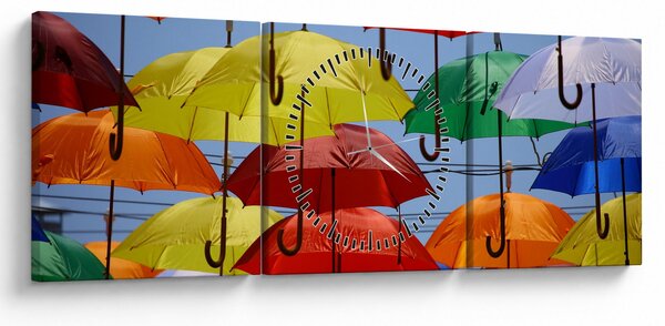 Obraz barevných deštníků (s hodinami) (90x30 cm)